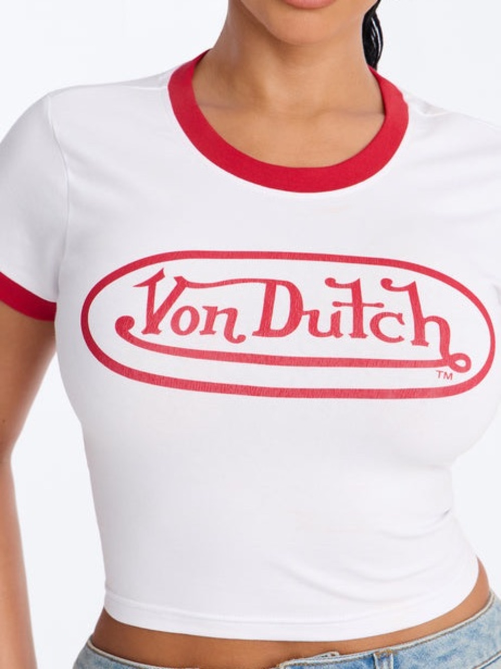 Von Dutch White Crop Ringer Tee with Red Logo